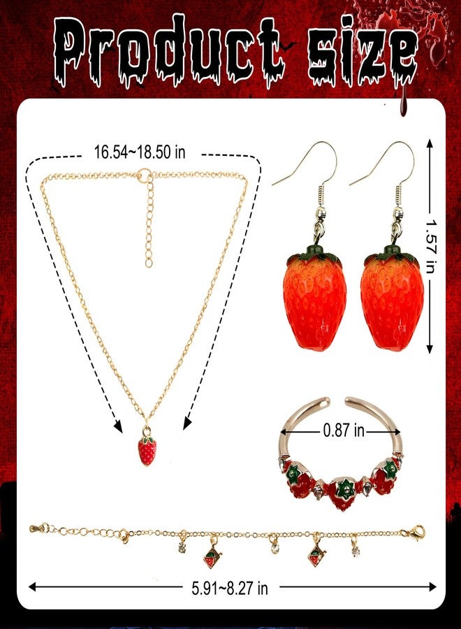 Voiiake Strawberry Costume Jewelry Set for Women - Cute Strawberry Accessories - Necklace, Earrings, Ring & Chain Bracelet for Halloween Party, Cosplay, Halloween Costumes - Image 3